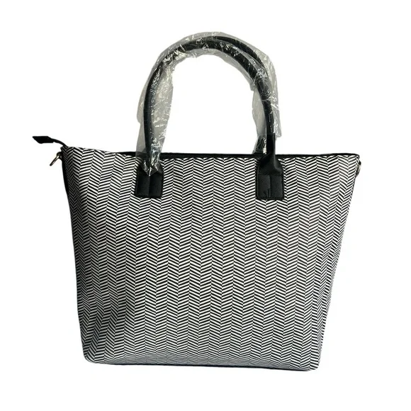 Trina Turk Black and White Zig Zag Tote with Detachable Shoulder Strap